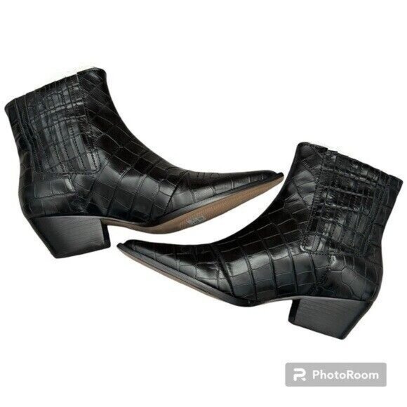 NEW Schutz Briani Leather Croc Embossed Ankle Cowboy Boots in Black Sz 7
